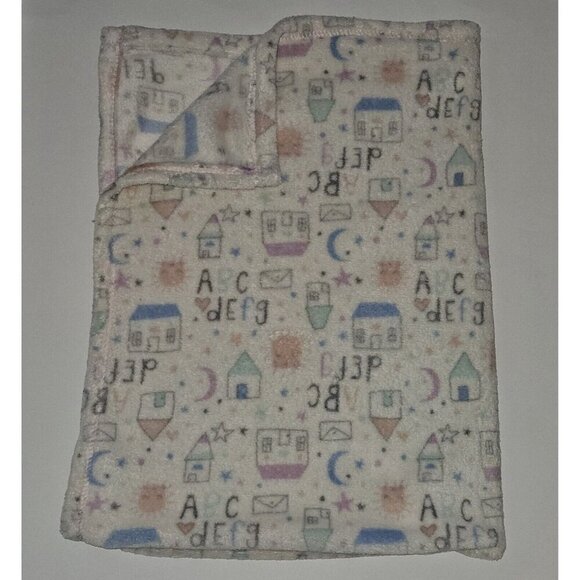 ABC DEFG Letters House Stars White Pink Blue Baby Blanket Soft 29x40 - Picture 1 of 6